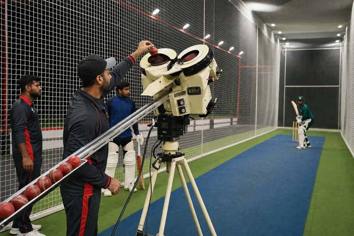 BOLA Professional twin-wheel leather-ball bowling machine operated inside an indoor cricket practice net